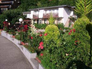 un jardín de flores frente a una casa en Villa Nikola Ohrid, en Ohrid