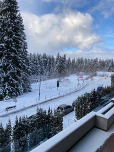 a snow covered road with cars parked on it at Silver Luxury 6 in Poiana Brasov
