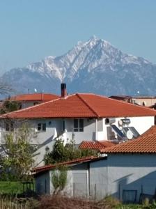 a white house with a mountain in the background at House Eugenia Sarti in Sarti