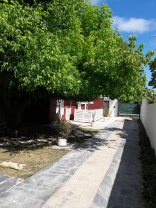 um passeio arborizado em frente a um edifício vermelho em Alojamiento Moni em Mar del Plata