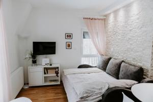 Una sala de estar blanca con un sofá y un televisor. en TRI BORA DIVČIGORA, en Divčibare