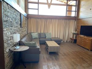 Una sala de estar con un sofá y un televisor. en Villa Naya, Pirin Golf & Spa, en Bansko