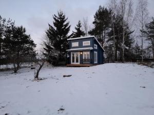 a small blue house in a snow covered field at Koobamäe saunamaja in Kulli +8 photos