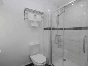 een badkamer met een toilet en een glazen douche bij 3 The Vaults in Glastonbury