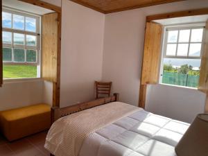 Pedro Miguel的住宿－Casa do Bicho Pau，一间卧室设有一张床和两个窗户。