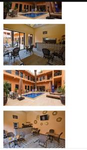 dwa zdjęcia domu z basenem i stołami w obiekcie Hotel Toulousain w Marakeszu