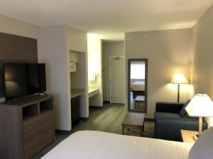 um quarto de hotel com uma cama, um sofá e uma televisão em GreenTree Inn Denver Tech Center em Centennial