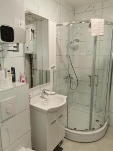 biała łazienka z prysznicem i umywalką w obiekcie Nina apartman w mieście Donje Mladice
