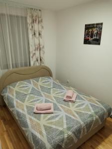 łóżko z dwoma różowymi ręcznikami na górze w obiekcie Nina apartman w mieście Donje Mladice