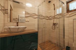 a bathroom with a sink and a shower at Apartamenty Grand Tatry - sauna i jacuzzi wliczone w cenę pobytu - 10 minut pieszo od Term Bania - znajdują się one w budynku obok in Białka Tatrzanska +34 photos
