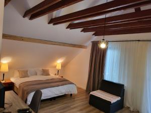 a bedroom with a bed and a desk and a television at Eco familia in Pojoga +40 photos