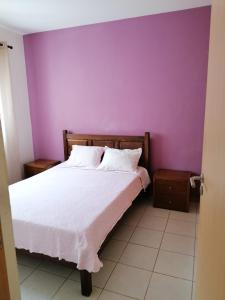 a bedroom with a bed with a purple wall at Family Apartment in Praia
