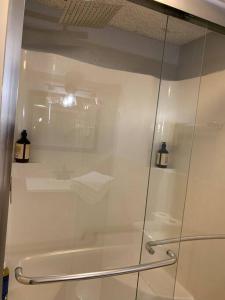 a shower with a glass door in a bathroom at Aquatopia Waterpark-Pool-Tennis-Paintball- ZipLine 127 in Tannersville
