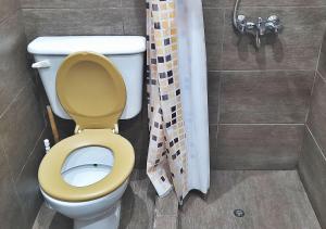 La salle de bains est pourvue d'une douche et de toilettes avec un siège jaune. dans l'établissement Departamento en El Calafate para dos personas, à El Calafate