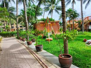 a garden with palm trees and a swing at Hon Rom Central Beach Resort in Mui Ne