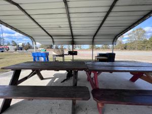 dos mesas de picnic de madera sentadas bajo una tienda en Jameson Inn and Suites Hazelhurst en Hazlehurst