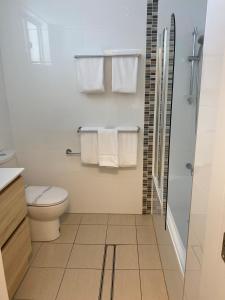 a bathroom with a toilet and a shower and towels at New England Motor Lodge in Glen Innes