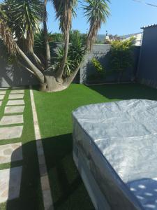 un letto in un cortile con palme ed erba di Stukkie Cottage a Hermanus