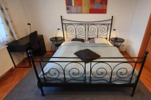 een slaapkamer met een bed met een zwart metalen frame bij Campus Apartment Alexander in Dresden