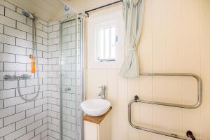 W łazience znajduje się umywalka i prysznic. w obiekcie Sage Shepherds Hut Boundary Farm Air Manage Suffolk w mieście Woodbridge