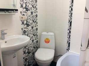 a small bathroom with a toilet and a sink at Studio Lermontov Street in Tbilisi City