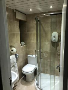 a bathroom with a toilet and a glass shower at Fox lodge in Blackpool