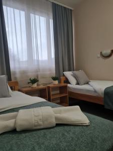 um quarto de hotel com duas camas e uma janela em Garni hotel Alma em Pirot
