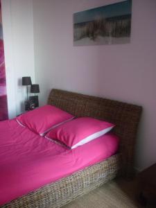 1 dormitorio con 1 cama con sábanas rosas en Nénuphar, en Autun