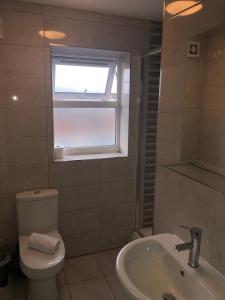 a bathroom with a toilet and a sink and a window at 2nd Floor Town Centre Apt with FREE Parking in Loughborough