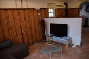 a living room with a tv and a fireplace at Ferienhaus Zur kleinen Kneipe in Fladungen