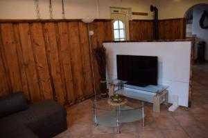 Una sala de estar con televisión y chimenea. en Ferienhaus Zur kleinen Kneipe, en Fladungen