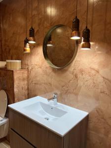 uma casa de banho com um lavatório e um espelho em Bel appartement au centre du vieux Joigny em Joigny