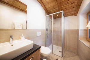 a bathroom with a sink and a shower at Malgorerhof Sonja in San Genesio Atesino
