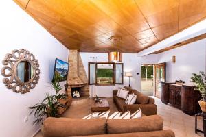 Una sala de estar con un sofá y una chimenea. en Villa Avra - With Private Pool, en Melidhónion