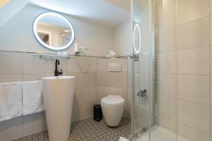 ein Bad mit einer Dusche, einem WC und einem Spiegel in der Unterkunft Altstadthotel Zur Börse in Goslar