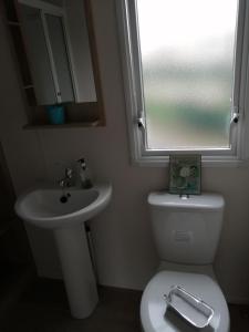a bathroom with a toilet and a sink and a mirror at 69R Seawick 2 Bedroom Caravan . New for 2022 in Saint Osyth
