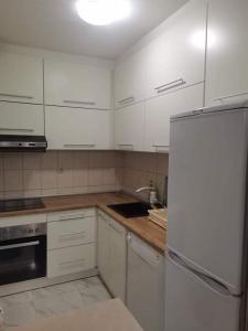 eine Küche mit weißen Schränken und einem weißen Kühlschrank in der Unterkunft Kole Apartman in Pale + 3 Fotos