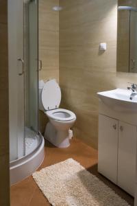 a bathroom with a toilet and a sink at Malinowy Dworek - Spokojny wypoczynek nad morzem in Ciekocino