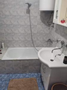 ein Badezimmer mit Badewanne, Waschbecken und Dusche in der Unterkunft Kole Apartman in Pale