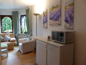 a living room with a microwave on a counter at Schwarzwaldturmzimmer Lahr in Lahr
