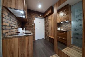 ビャウィストクにあるAPARTVIP Grochowaのシンクとレンガの壁のあるキッチン +11枚の写真