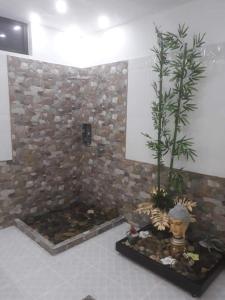 Habitación con pared de piedra y planta en Hotel SARALI, en Doradal