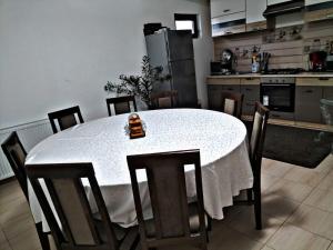 a kitchen with a white table and chairs in a room at Pensiunea Casa Nușa in Baia de Fier