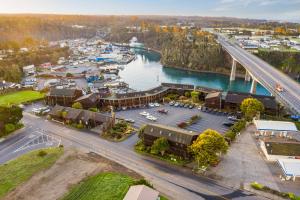 an aerial view of a marina with a bridge at Harbor Lite Lodge in Fort Bragg