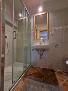 a bathroom with a shower and a sink and a mirror at Sweet House and Apartment in Rovinj