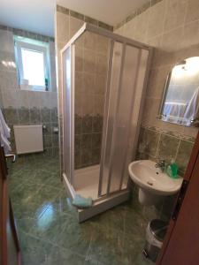 y baño con ducha y lavamanos. en Apartmány Rajecká Dolina, en Rajecké Teplice