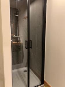 a shower with a glass door in a bathroom at CHALET Mitoyen LE RUSTICANA in Chamonix