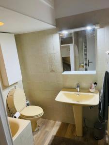 a bathroom with a sink and a toilet and a mirror at Villafranca in Villefranche-sur-Mer