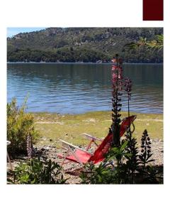 a red chair sitting on the shore of a lake at La casa providencia - Costa del lago in Villa Pehuenia