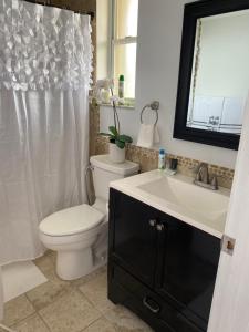a bathroom with a toilet and a sink at elegant room in Tamiami